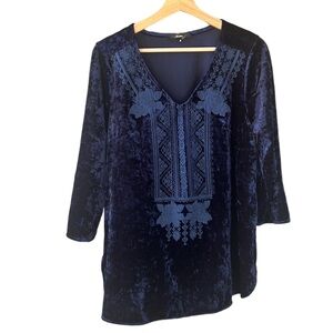 Andree by Unit Navy Velvet Boho Embroidered Long Tunic Top 3/4 Sleeves Sz S